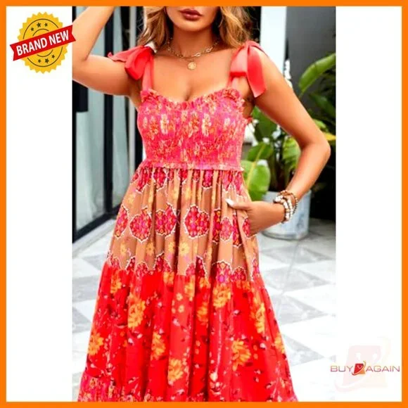 Floral Maxi Dress Boho Smocked Tiered Tiered Shoulder Tie Pockets Vacation - Picture 5 of 7